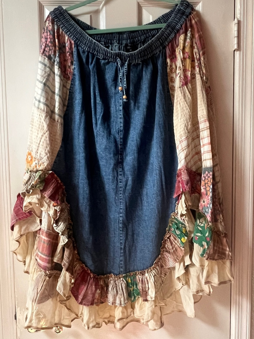 NWT Young Threads Bohemian High-Low Denim Patchwork Skirt in Blue and Cream